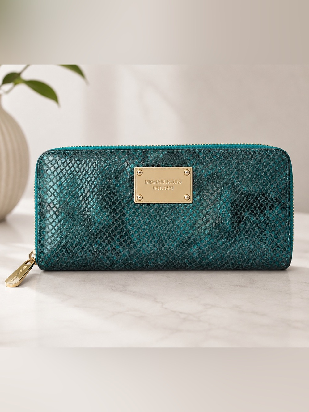 Michael Kors Teal Snake-Embossed Cosmetic Pouch with Gold Plaque